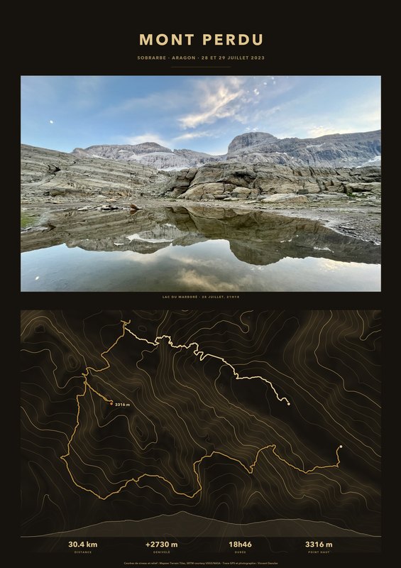 Poster du Mont Perdu sur fond Nuit dorée, deux jours et une photo