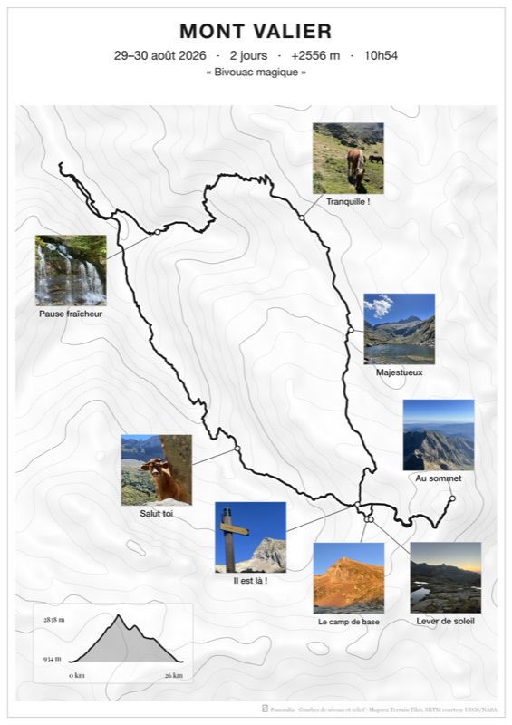Poster du Mont Valier sur fond Blanc minimal, deux jours et huit photos